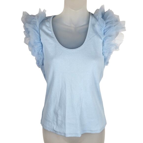 Anthropologie DOLAN TULLE Ruffled Ribbed Knit Tank Top in Blue S NWOT $78 - Picture 3 of 5